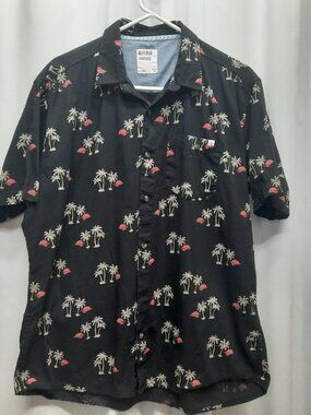 Reverse Threads Men’s XL Tropical Palm Tree Sunset Shirt Black Stretch Cotton XL